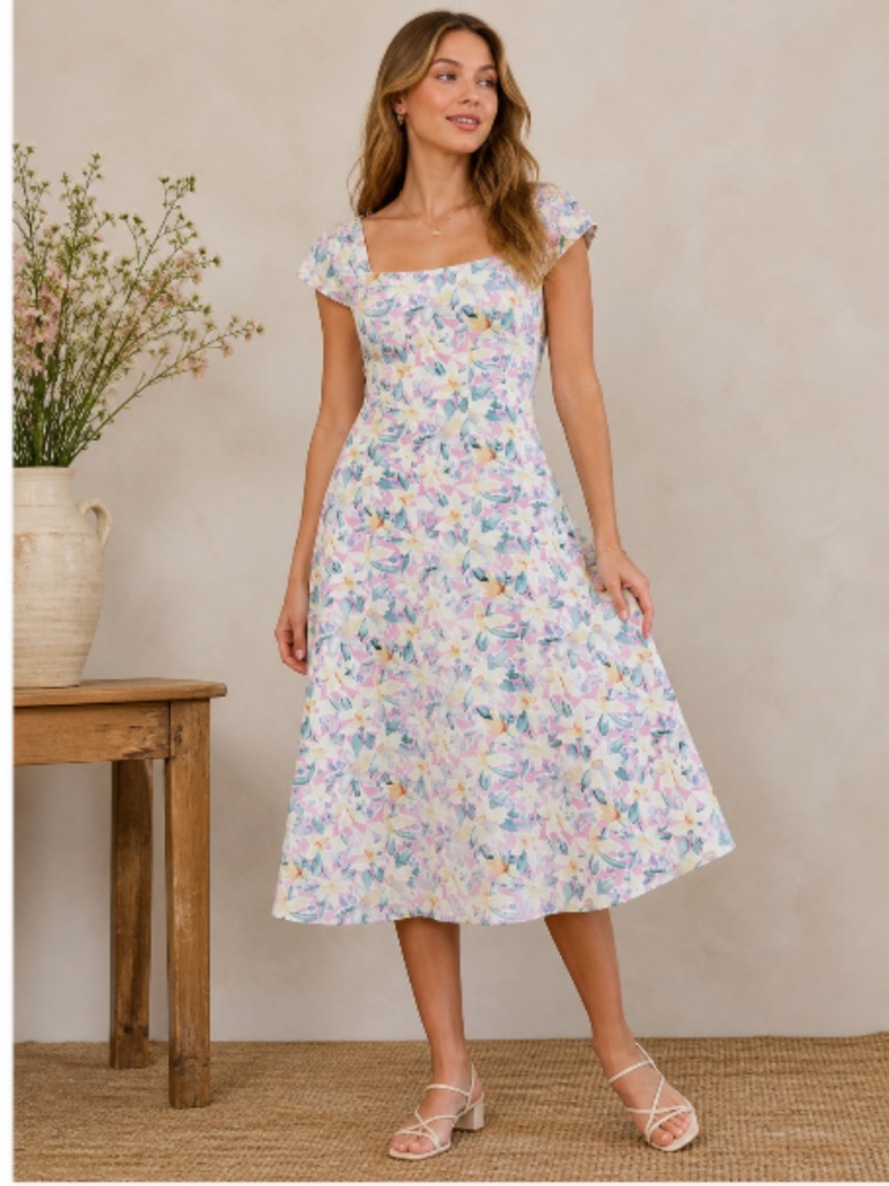 Inherit Clothing Co Floral Midi Dress Womens M Pastel Square Neck Cap Sleeve